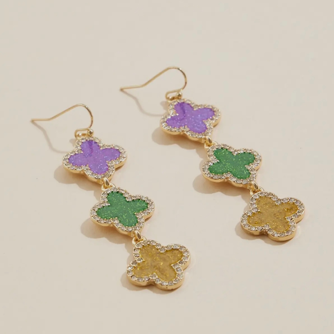 Mardi Gras Sparkling Triple Drop Earrings