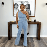 'Alara' One Shoulder Denim Jumpsuit