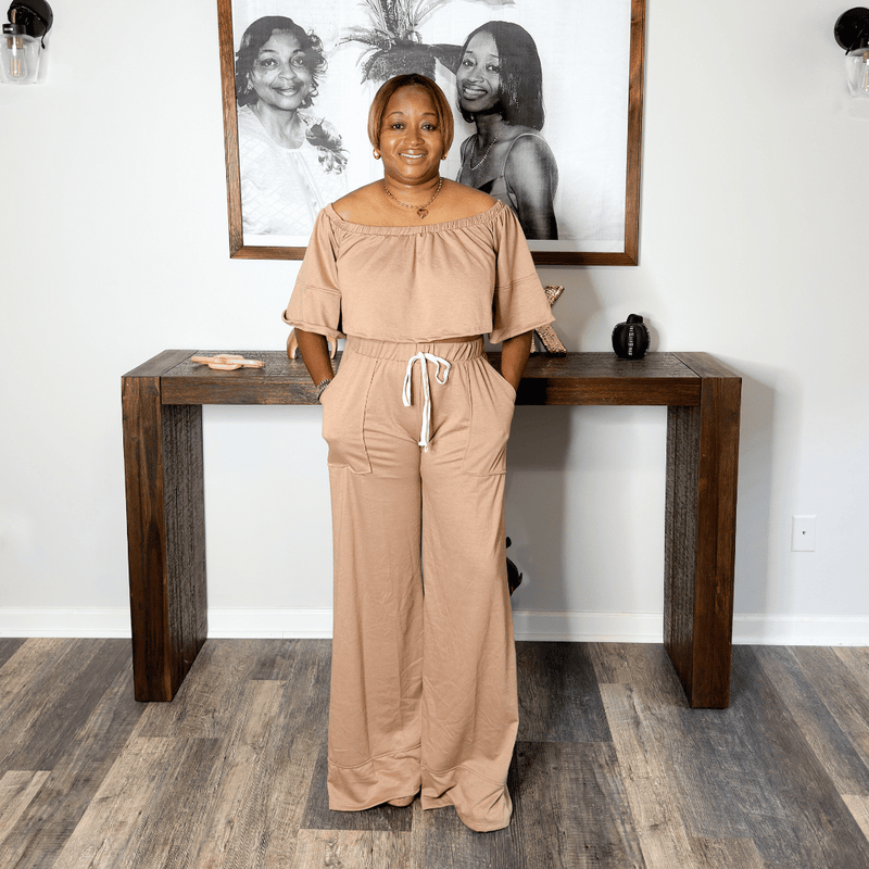 Off Shoulder Crop Top and Palazzo Pants Set | Camel