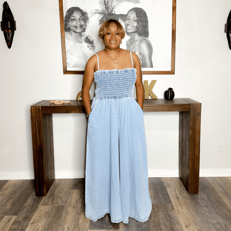 Smocked Bodice Wide Leg Denim Jumpsuit