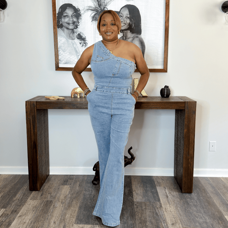 'Alara' One Shoulder Denim Jumpsuit