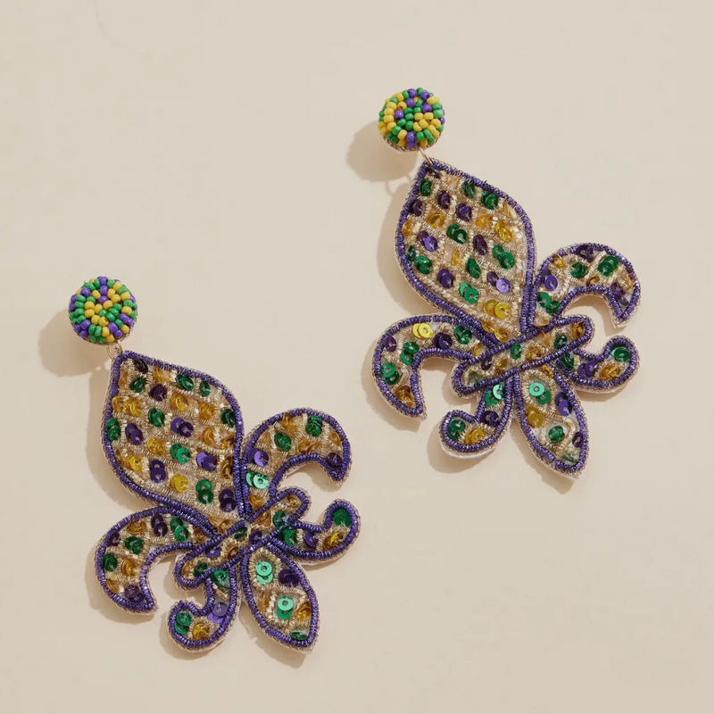 Fleur De Lis Beaded Mardi Gras Earrings | Multi