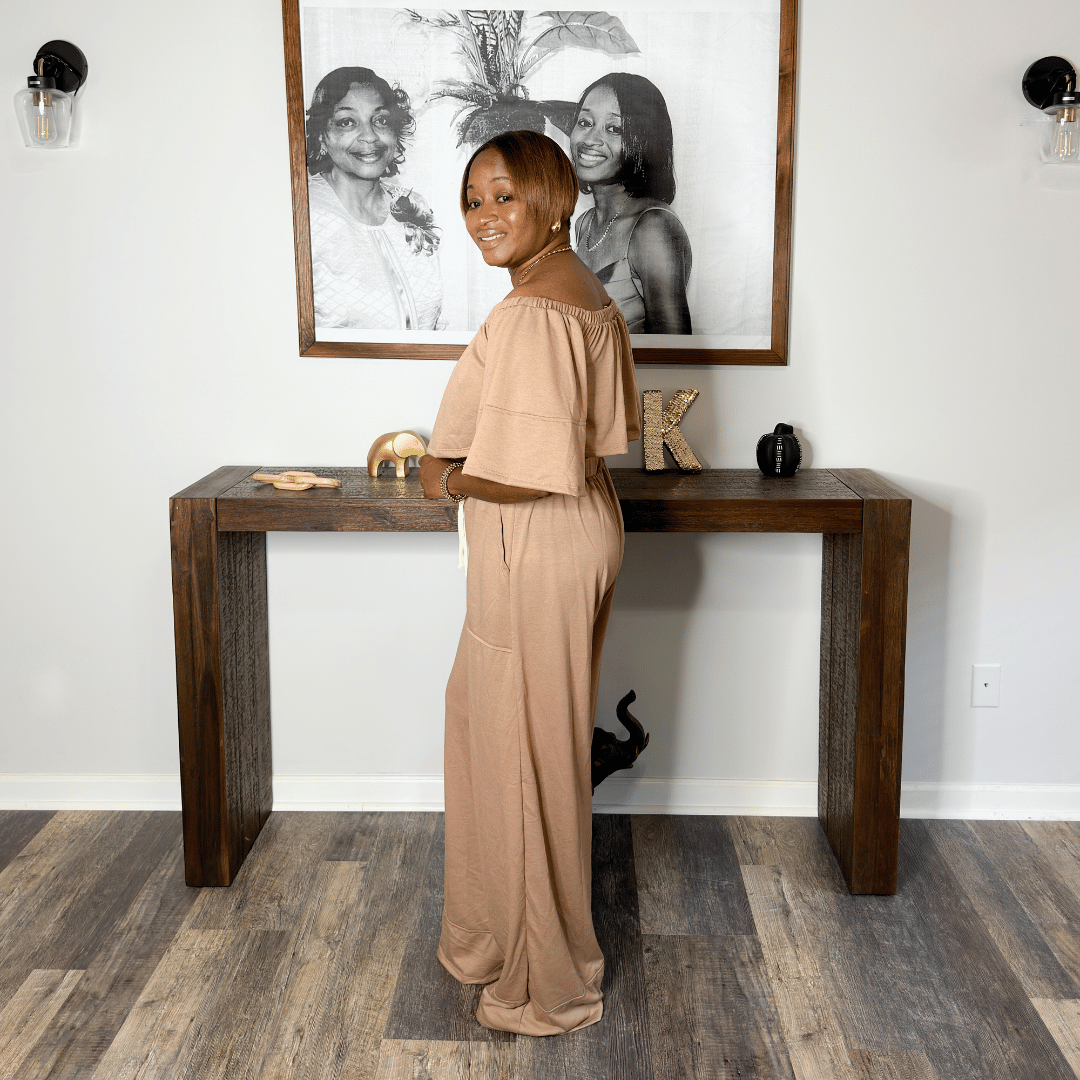 Off Shoulder Crop Top and Palazzo Pants Set | Camel