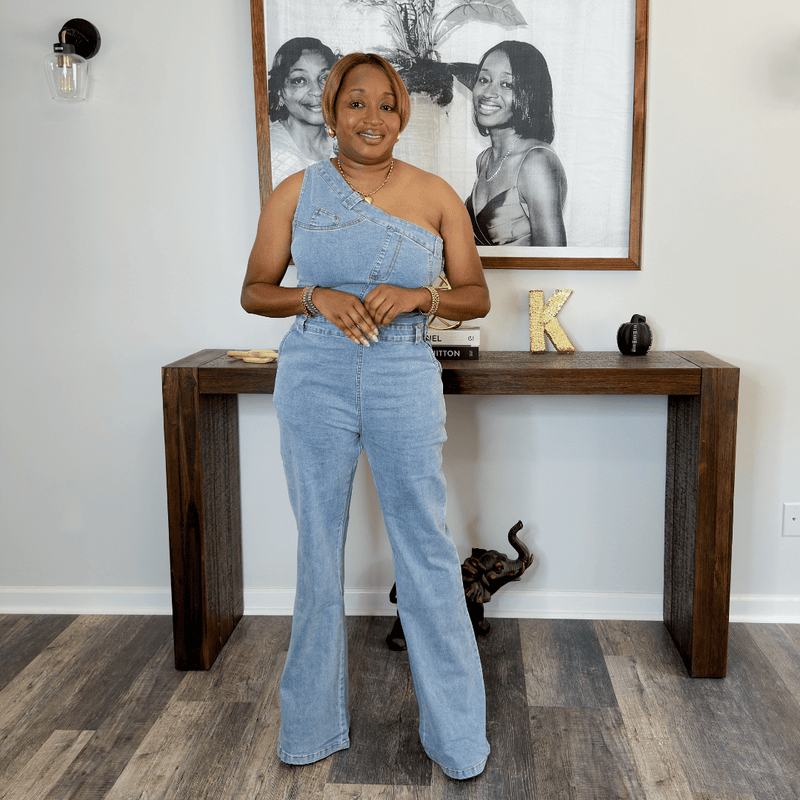 'Alara' One Shoulder Denim Jumpsuit