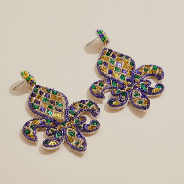 Fleur De Lis Beaded Mardi Gras Earrings | Multi