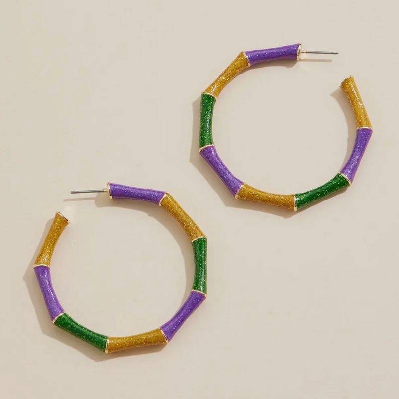 Mardi Gras Glitter Bamboo Hoop Earrings