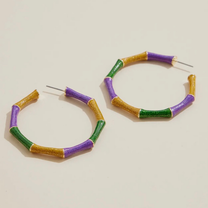 Mardi Gras Glitter Bamboo Hoop Earrings