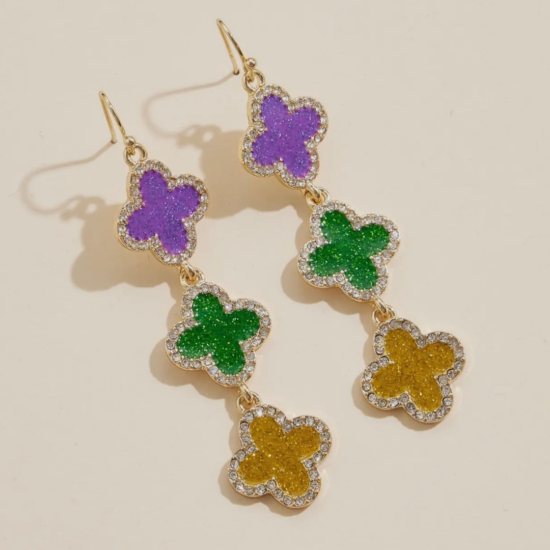 Mardi Gras Sparkling Triple Drop Earrings