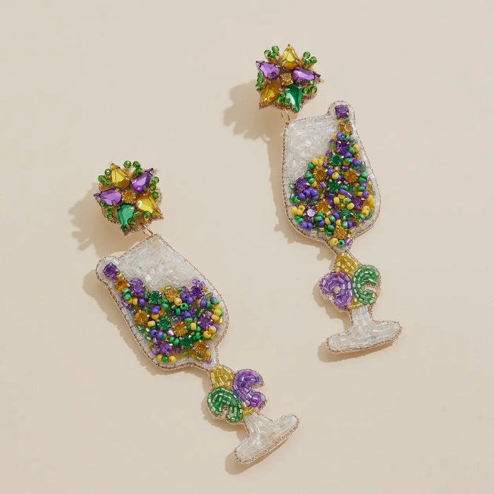 Mardi Gras Beaded Wine Glass Earrings