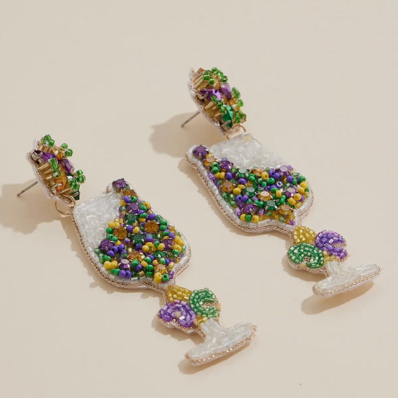 Mardi Gras Beaded Wine Glass Earrings